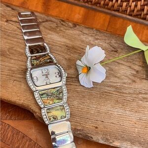 VTG Kessaris Abalone Shell Watch Rhinestone Bracelet Quartz Japan